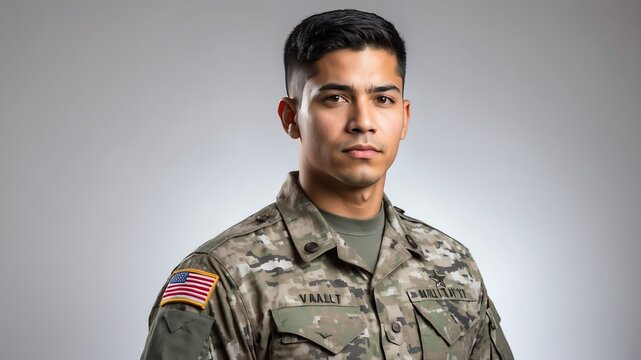 young hispanic military man studio portrait on plain white background from Generative AI