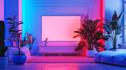 Modern home interior with neon lighting, plants, and a blank screen perfect for a template