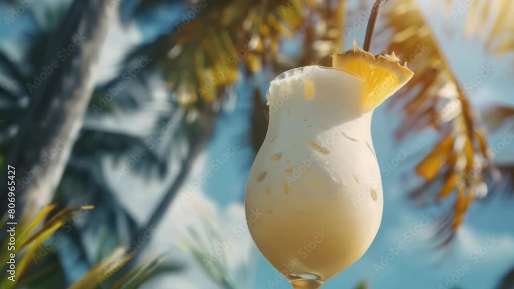 Aufkleber a glass of white liquid with a straw in it is sitting on a table in front of a palm tree
