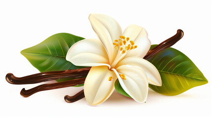 Realistic illustration of a white tropical flower with vanilla pods and lush green leaves.