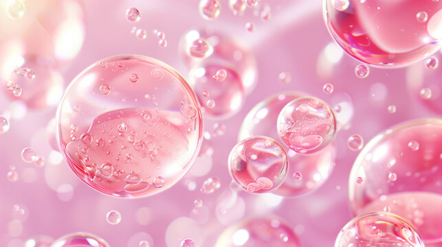 Vibrant pink bubbles in various sizes float on a soft pink background, depicting a dreamy, abstract scene.