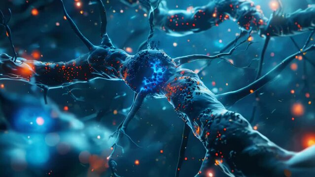 A blue and orange brain with many small dots. The dots are glowing and appear to be pulsating. Concept of life and energy, as if the brain is alive and active