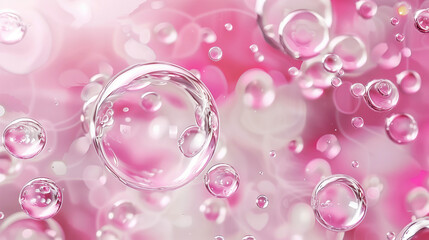 A vibrant image showcasing a collection of shiny, transparent bubbles floating over a pink background with soft bokeh effects.