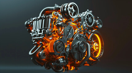 Highly detailed image of a complex machinery engine with glowing elements on a dark background.