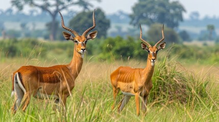 majestic reddishbrown antelope kobus kob thomasi in natural habitat male in foreground female in background murchison falls uganda