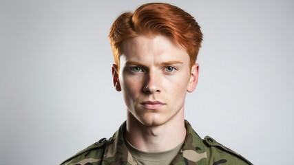 young redhead military man studio portrait on plain white background from Generative AI