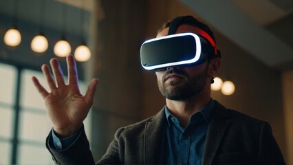 Virtual Reality 3D Augmented Experience  Excited Person Wearing VR Glasses 3D Object in Virtual World. man with VR headset 