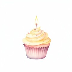 Vibrant birthday cupcake with lit candle on white background