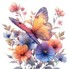 Cute beautiful butterfly, pastel colors, flowers, watercolor illustration