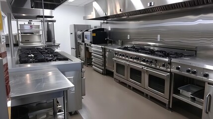 professional stainless steel commercial kitchen with convection ovens and appliances