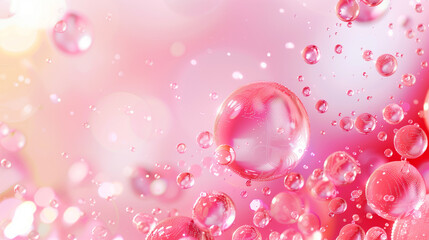 Abstract pink background with various sizes of floating bubbles in a shimmering environment.