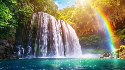rainbow cascade majestic waterfall with vibrant rainbow arching above scenic nature landscape