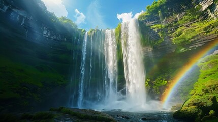 Fototapeta premium rainbow cascade majestic waterfall with vibrant rainbow arching above scenic nature landscape