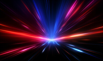 Abstract colorful light-speed effect background with red, blue, and purple rays for a futuristic technology concept.