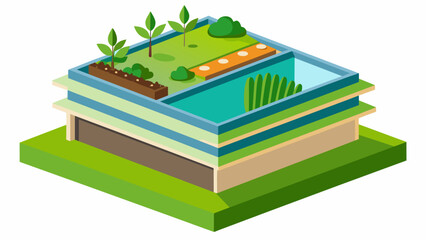 The installation of a green roof system consisting of layers of special materials that will help insulate the building manage stormwater runoff and. Vector illustration