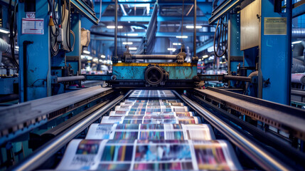 Industrial printing press in operation, producing colorful printed materials on a factory floor.