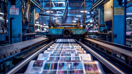 Obraz premium Industrial printing press in operation, producing colorful printed materials on a factory floor.