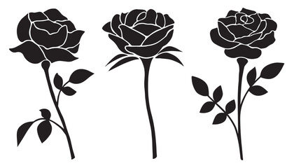 Hand-drawn style decorative rose for wedding invitation design, page decor isolated on white. Flowers icon set. Black rosebud flowers leaves bouquet. Set of three vector black rose flowers silhouettes