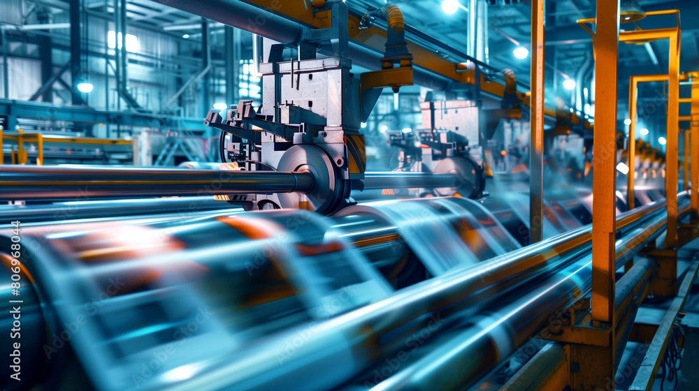 Wall mural blurred motion of metal rods moving on a conveyor system in an industrial plant with machinery.