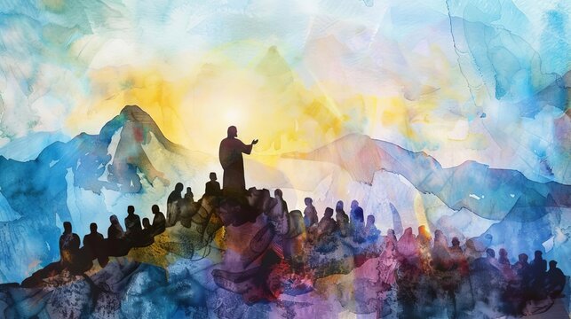 sermon on the mount watercolor silhouette of jesus preaching to crowd from mountaintop