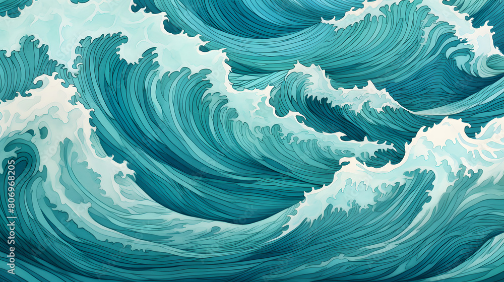 Fototapete the ocean represented in a canvas full of teal color waves abstract geometric pattern graphics poste