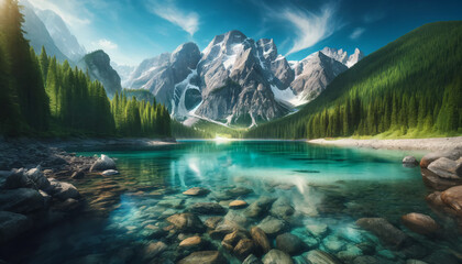 A breathtaking landscape featuring a crystal-clear mountain lake surrounded by lush green forests