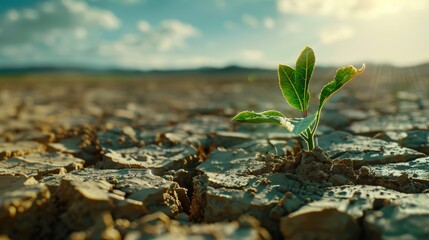 small sprout growing on cracked earth.