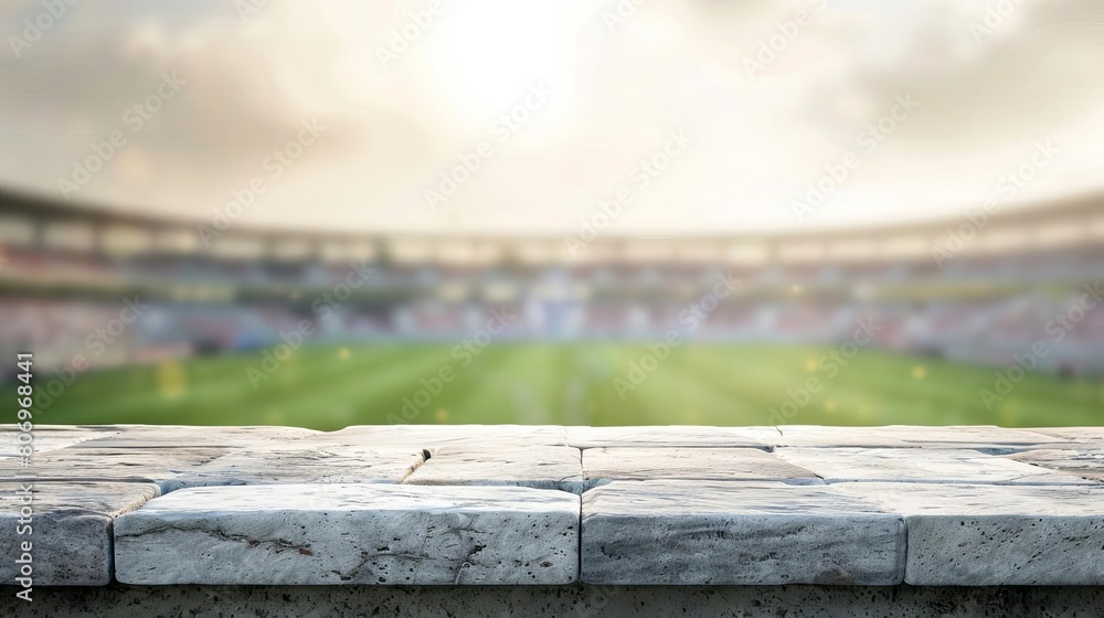 Poster stadium serenity stone table top with copy space and blurred stadium background product display conc