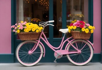 Fototapeta na wymiar A vintage pink bicycle adorned with baskets of vib (1)