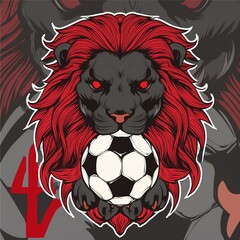 Black lion with red mane and a soccer ball between his paws