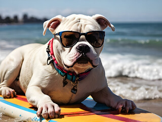 American bulldog surfing on a surfboard wearing sunglasses at the ocean shore