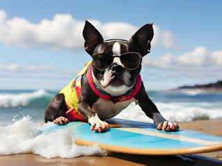 Boston Terrier surfing on a surfboard wearing sunglasses at the ocean shore