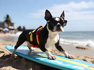 Boston Terrier surfing on a surfboard wearing sunglasses at the ocean shore