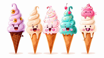 Colorful illustration of five cute, anthropomorphic ice cream cones with playful expressions.