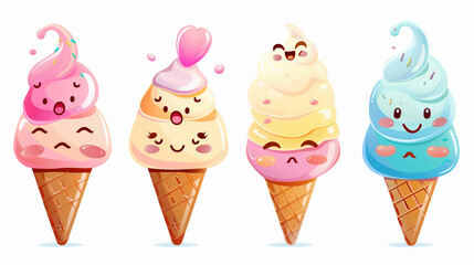 Four anthropomorphic ice cream cones displaying different facial expressions and pastel colors.