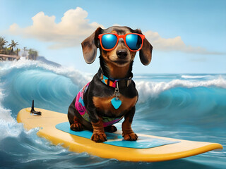 Dachshund surfing on a surfboard wearing sunglasses at the ocean shore

