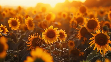 Fototapeta premium sunflower field bathed in warm evening light serene landscape photography
