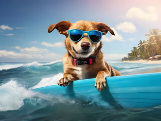 Dog surfing on a surfboard wearing sunglasses at the ocean shore