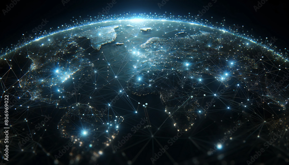 Poster a digital network featuring interconnected nodes and pathways, illustrating a complex global network