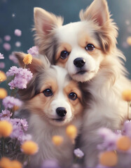 Cute puppies of papillon breed in the summer garden.