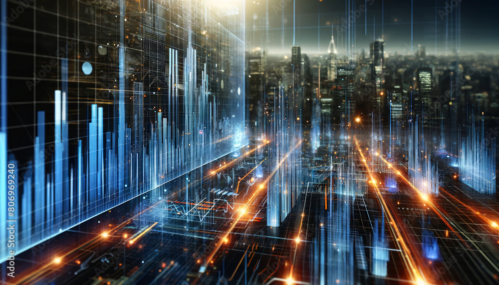 Poster a dynamic and futuristic view of a high-tech data visualization interface, features intricate lines 