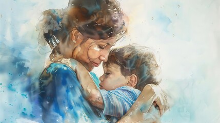 tender moment of mother embracing son with love and affection heartwarming watercolor painting