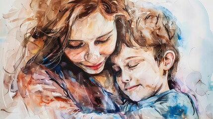 tender moment of mother embracing son with love and affection heartwarming watercolor painting