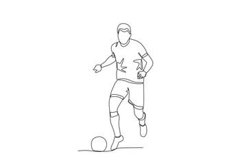 One continuous line drawing of young Football player is carrying the ball. Football freestyle sport concept. Single line draw design vector illustration
