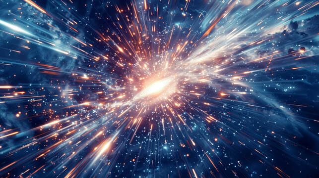 Dramatic space scene featuring a spiral galaxy at the center surrounded by a burst of light and particles.