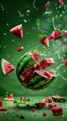 Surreal poster of a watermelon exploding into neatly cut pieces, suspended in an empty void to focus on freshness and juiciness