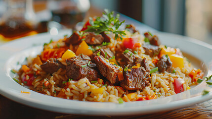 Side view pilaf with stewed beef meat on a plate