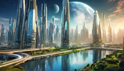  夢の空想の世界の未来都市デザイン