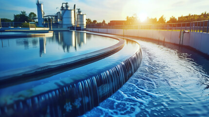 Sunsetting over a water treatment facility with clear water pools and modern industrial structures.