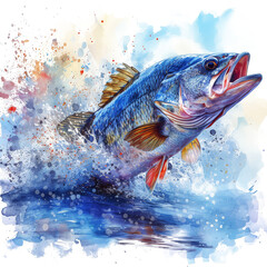 Black fin tuna jumping out of the water illustration isolate realism. Fish jumps out of the water.